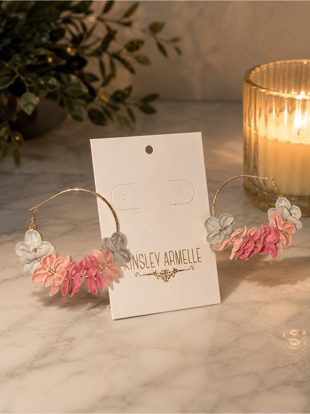 New Kinsley Armelle Pink and Gray Floral Hoop Earrings with Layered Petals